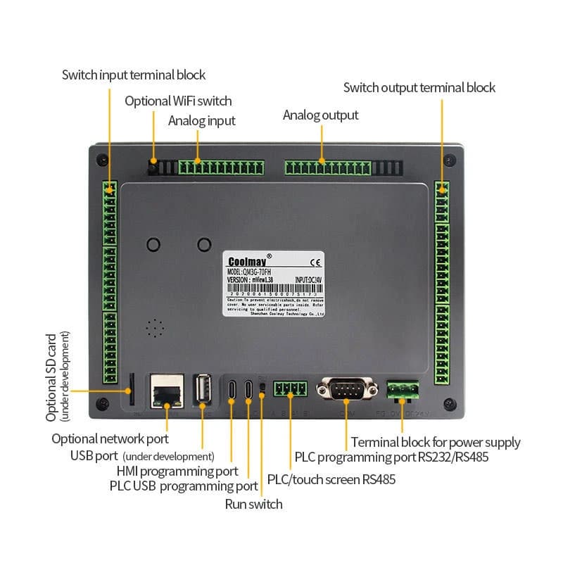 Coolmay EX3S Series HMI+PLC All-in-One Controller - Rear I/O Ports
